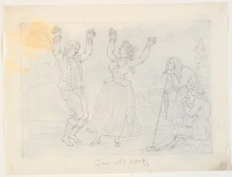 Man and Woman Dancing Fandango. A Young Man Playing Guitar and an Old Woman Watching