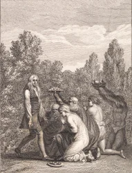 Niels Klim Honored by the Qvamites, Bringing Him Gifts and Kneeling Before Him