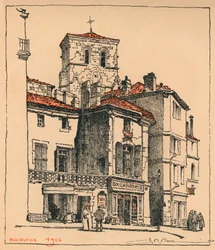 The Place du Murier, with the tower of the Church of St Andre, at Angouleme, France