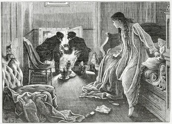 I put up my hand very softly, and drew the dagger from under my pillow, illustration for a thriller crime story 