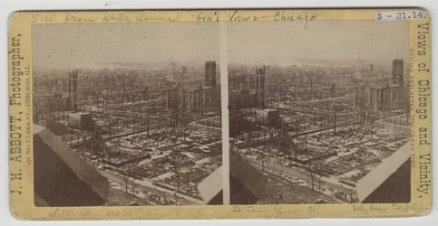Stereograph of view southwest from Water Tower after the Chicago Fire of 1871