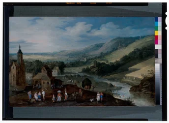 An Extensive River Landscape with Peasants Gathering the Harvest