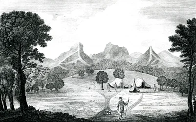 A view of the Commodore tent at the island of Juan Fernandes, c.1745