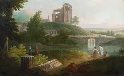 An Italian Pastoral Landscape with Classical Ruins on a Bluff Above a Lake