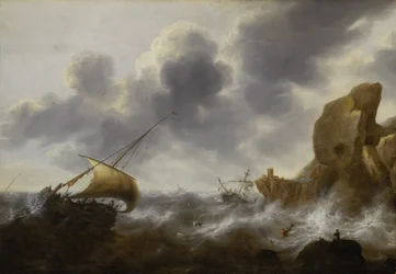 A Fishing Boat off a Rocky Coast in a Storm with a Wreck