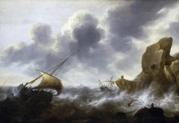 A fishing boat caught in a storm near a rocky coast, with a shipwreck