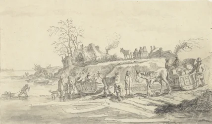 Sledding by the shore of a frozen river