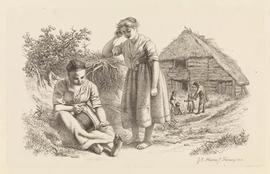 Two Women and a Man with Children in Front of a Barn (series title: Study Prints)