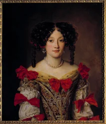 17th-century Flemish fashion: “Portrait of a woman”. A young girl dressed in a brocade gown and covered with English curls. She wears earrings and a pearl necklace. Painting by Jacob Ferdinand Voet (1639-1700). 17th century. Canvas. 0.76 x 0.64 m. Paris