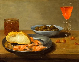 A Plate with Prawns and a Roll and Bowl with Olives