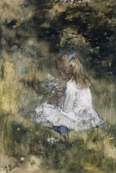 A Girl with Flowers on the Grass