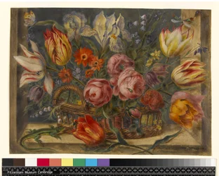 Flower study: assorted flowers in a basket, with insects and a lizard in a window setting, 1634