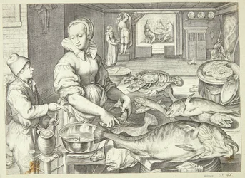 Kitchen Scene with a Cook Cleaning Fish
