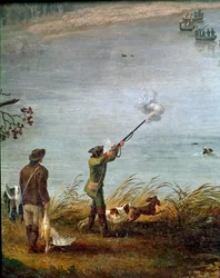 The Coot Hunt of Ferdinand I of the Two Sicilies (or Ferdinand IV of Naples) (1751-1825) on Lake Fusaro near Naples, Italy (detail) - Painting by Jacob Philipp Hackert (1737-1807) 1783