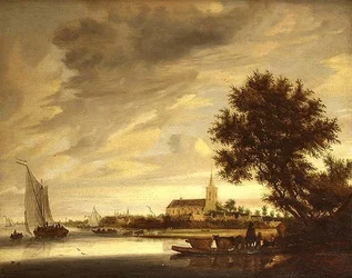 A River Landscape with a Ferry in the Foreground
