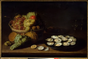 Still life, oysters and fruit