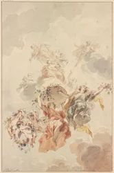 Genii and cupids grouped around a basket of flowers ascending towards heaven