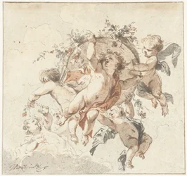 Floating cherubs with a basket of flowers