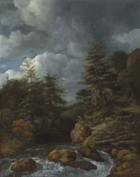 A River Landscape with Fir Trees by a Cascade