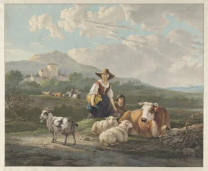 A Peasant Woman and a Boy with Sheep and a Cow in a Mountainous Landscape