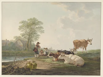 Country People with Resting Cattle in a Dutch Landscape