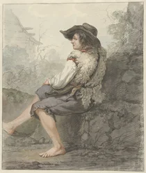Sitting Boy with Hat and Sheepskin, Facing Left