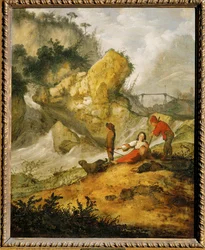 Rocky Landscape with Waterfall and Shepherds