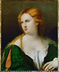 Young Woman in a Green Dress, a Box in Her Hand