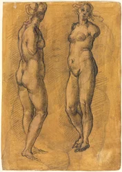 Copy of an Antique Statue of a Standing Woman Two Views, Over a Sketch of a Putto