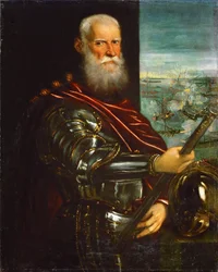 Sebastiano Venier with the Battle of Lepanto in Background