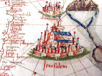 Detail showing Jerusalem and Damascus from a Renaissance map of Europe, after Jacopo Russo, 1528