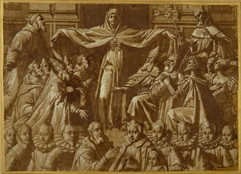 The Madonna della Misericordia with Sts. Francis and Dominic, with other saints and rulers and a family of donors