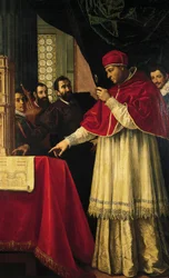 Michelangelo presenting models for the facade of San Lorenzo, the Laurentian Library and the Medici tombs to Pope Leo X and Cardinal Giulio de Medici