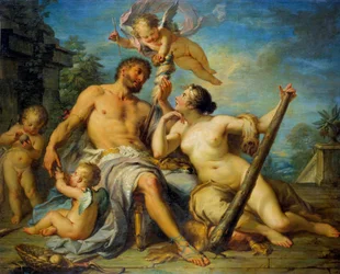 Hercules and Omphale. Hercules (Heracles) is in love with Omphale, whose slave he is. Painting by Jacques Dumont, called the Roman (1701-1781). 1728. Dimensions: 1.33 x 1.67 m. Tours, Museum of Fine Arts