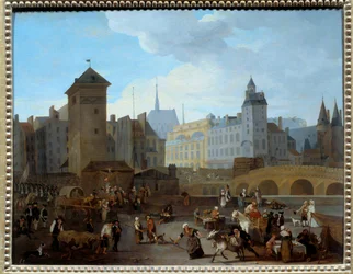 French Revolution: View of the bridge and the pump Notre-Dame in Paris