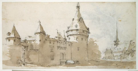 A turreted chateau and a church