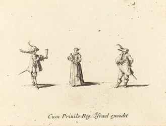 Lady with Wine Bottle, and Two Gentlemen
