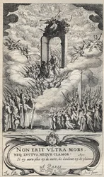 Saints and saints hurrying at the door of Paradise - composition and engraving by Jacques Callot (1592-1635)