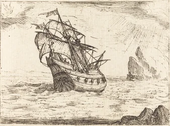 Ship Navigating Near Rocks