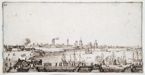 View of the harbour of La Rochelle with galleons firing a salute