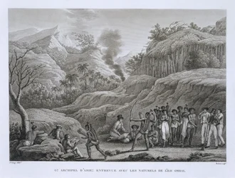 Great Asian Archipelago: French Explorers with Natives on the Island of Ombai, from Voyage Autour du Monde by Louis Claude Desaulses de Freycinet, Engraved by Bovinet