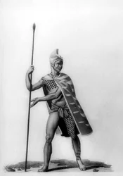 Young officer wearing a typical costume of malo, Hawaii, 1819