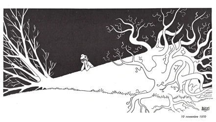 Marianne mourns the death of General De Gaulle, represented by a slaughtered oak