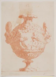 Decorative Vase with Two Heads and Two Putti. Copy after Plate 19 in the Suite of Vases Drawn by Saly in 1746. 