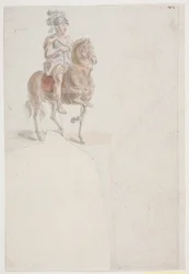Rider in Roman Costume with Feathered Helmet. Also Two Faint Red Chalk Sketches of Standing and Half-Kneeling Men.