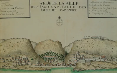 The City of Saint Jago (Santiago) on Cape Verde, Watercolor from the Logbook Kept by Jacques Gouin de Beauchesne, Ship
