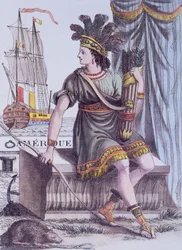 Title page from the Encyclopedia of Voyages, depicting an allegory of America