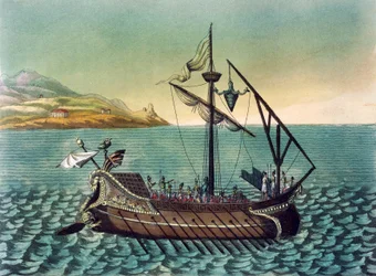 Duilius Corvus on Roman Galley Warship, engraving from Ancient Rome