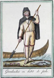 Greenlander in fishing outfit - in Encyclopedia of Travels by Grasset Saint Sauveur, ed. Paris 1796