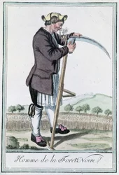 Man of the Black Forest, sharpening his scythe for the harvest - in Encyclopedia of Voyages by Grasset St Sauveur, ed. Deroy, Paris